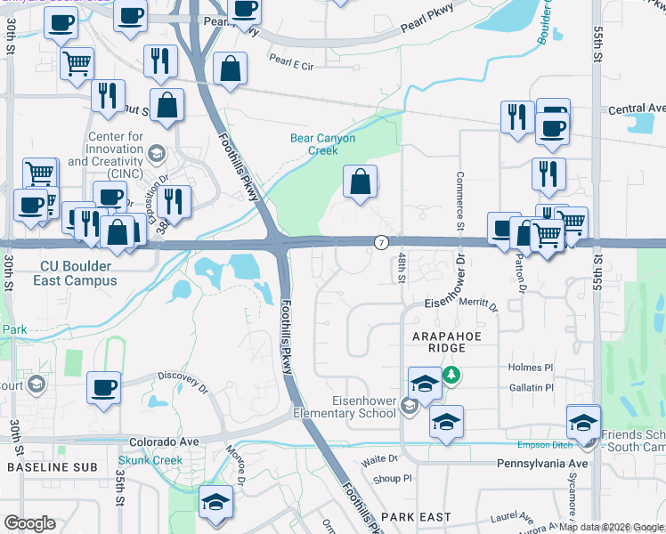 map of restaurants, bars, coffee shops, grocery stores, and more near 1559 Macarthur Drive in Boulder