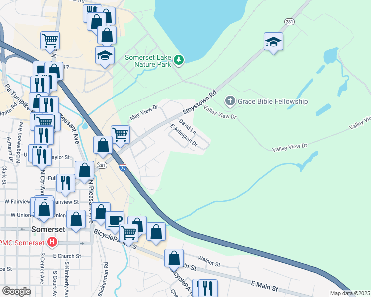 map of restaurants, bars, coffee shops, grocery stores, and more near 111 Willow Lane in Somerset