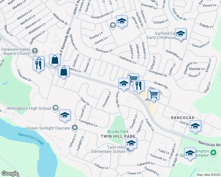map of restaurants, bars, coffee shops, grocery stores, and more near 52 Thornhill Lane in Willingboro Township