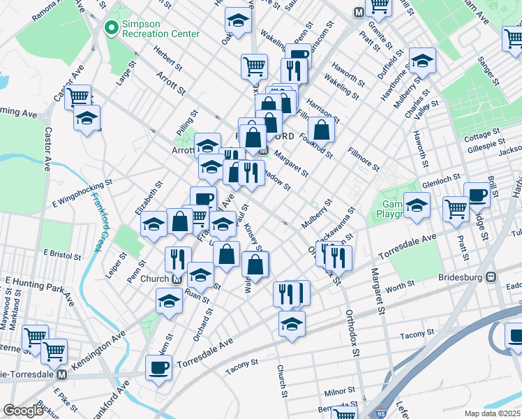 map of restaurants, bars, coffee shops, grocery stores, and more near 1652 Orthodox Street in Philadelphia