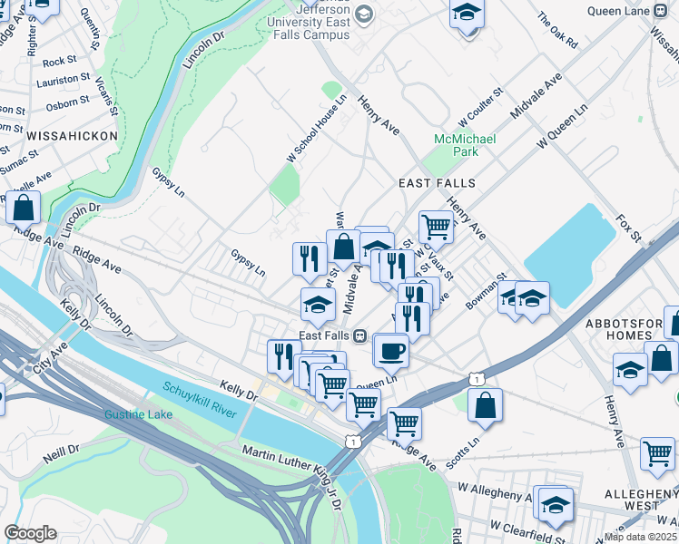map of restaurants, bars, coffee shops, grocery stores, and more near 3544 Calumet Street in Philadelphia