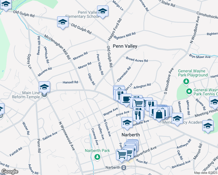 map of restaurants, bars, coffee shops, grocery stores, and more near 518 Penn Valley Road in Penn Valley