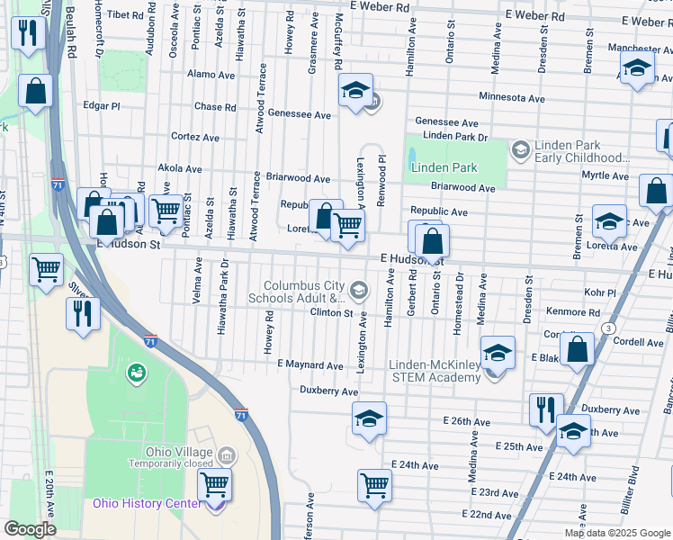 map of restaurants, bars, coffee shops, grocery stores, and more near in Columbus