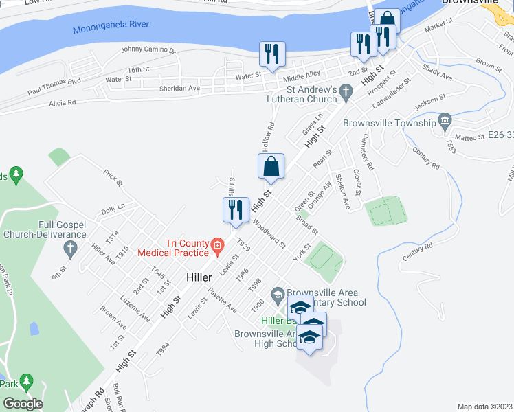 map of restaurants, bars, coffee shops, grocery stores, and more near 608 High Street in Brownsville