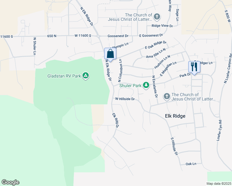 map of restaurants, bars, coffee shops, grocery stores, and more near 85 North Parkside Loop in Elk Ridge