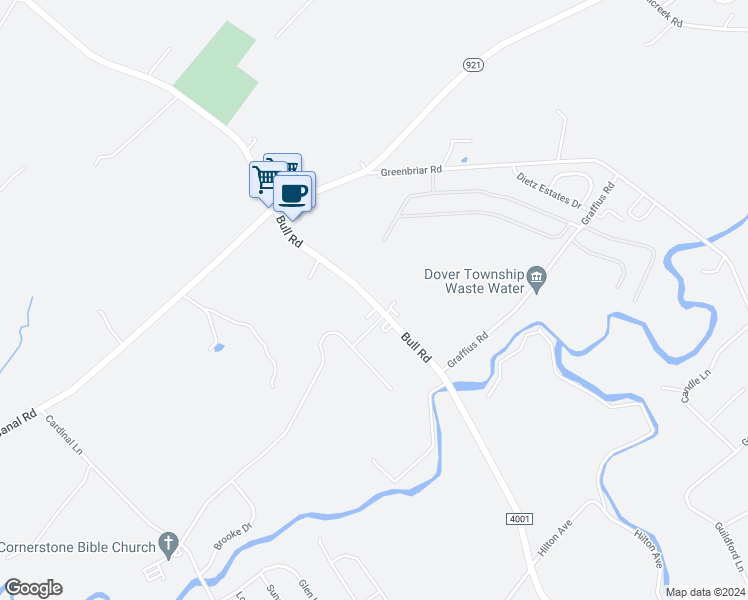 map of restaurants, bars, coffee shops, grocery stores, and more near 3539 Bull Rd in York