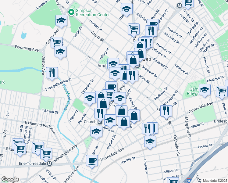 map of restaurants, bars, coffee shops, grocery stores, and more near 4446 Frankford Avenue in Philadelphia
