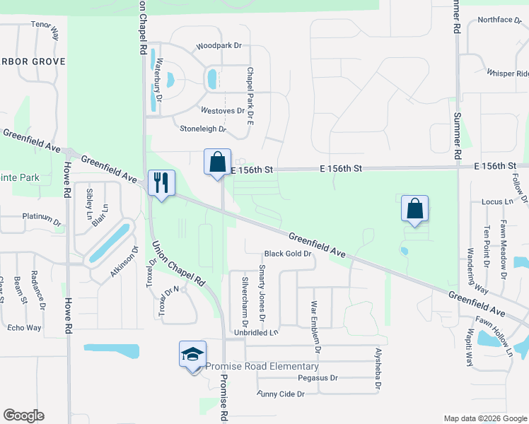 map of restaurants, bars, coffee shops, grocery stores, and more near 11038 Greenfield Avenue in Noblesville