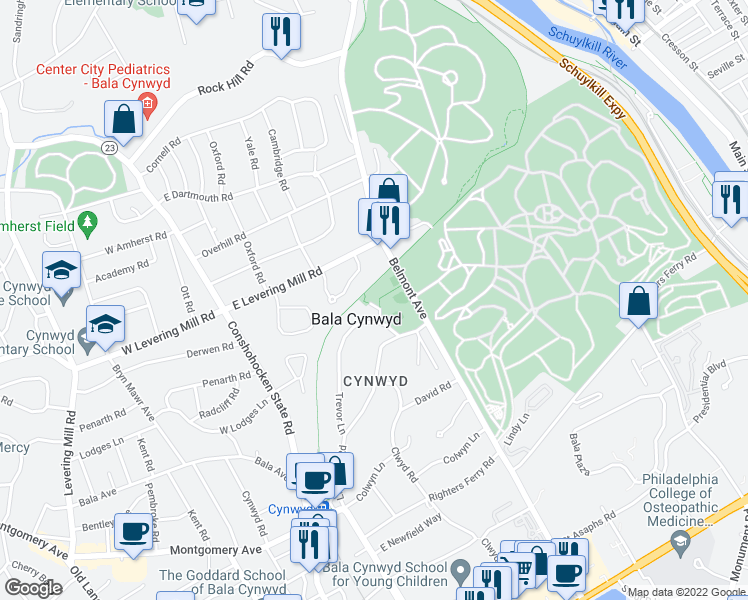 map of restaurants, bars, coffee shops, grocery stores, and more near 350 Belmont Avenue in Bala Cynwyd