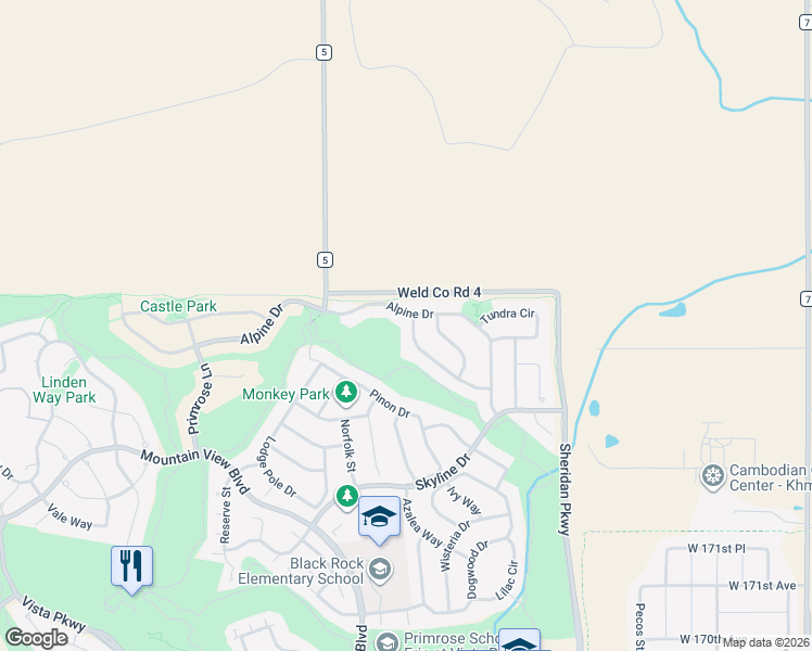map of restaurants, bars, coffee shops, grocery stores, and more near 2062 Indian Paintbrush Way in Erie