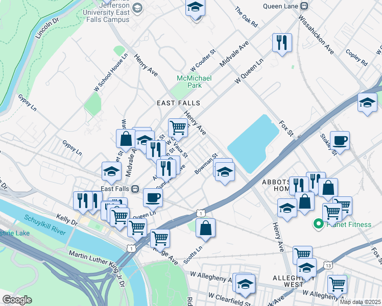 map of restaurants, bars, coffee shops, grocery stores, and more near 3348 Ainslie Street in Philadelphia