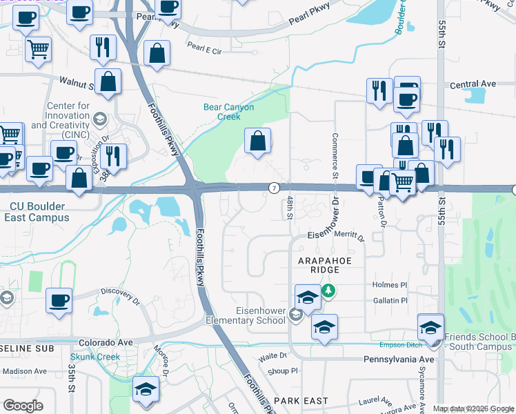 map of restaurants, bars, coffee shops, grocery stores, and more near 1550 Macarthur Drive in Boulder