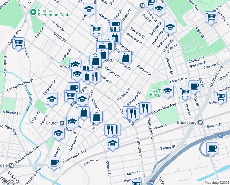 map of restaurants, bars, coffee shops, grocery stores, and more near 1725 Plum Street in Philadelphia