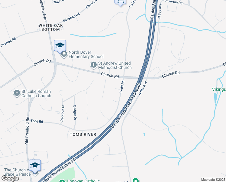 map of restaurants, bars, coffee shops, grocery stores, and more near 1587 Beverly Court in Toms River