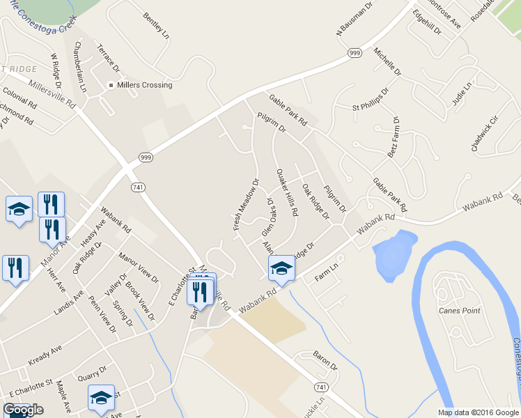 map of restaurants, bars, coffee shops, grocery stores, and more near 118 Village Green Lane in Lancaster