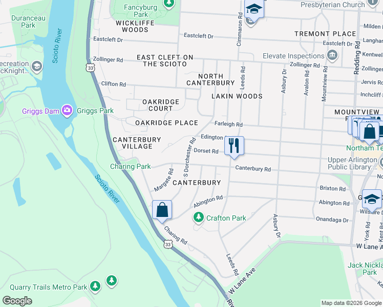 map of restaurants, bars, coffee shops, grocery stores, and more near 2920 South Dorchester Road in Columbus