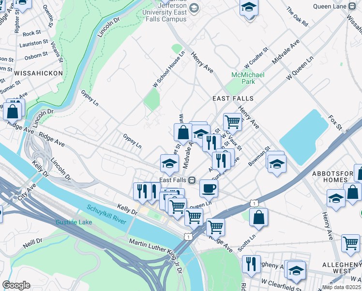 map of restaurants, bars, coffee shops, grocery stores, and more near 3544 Calumet Street in Philadelphia