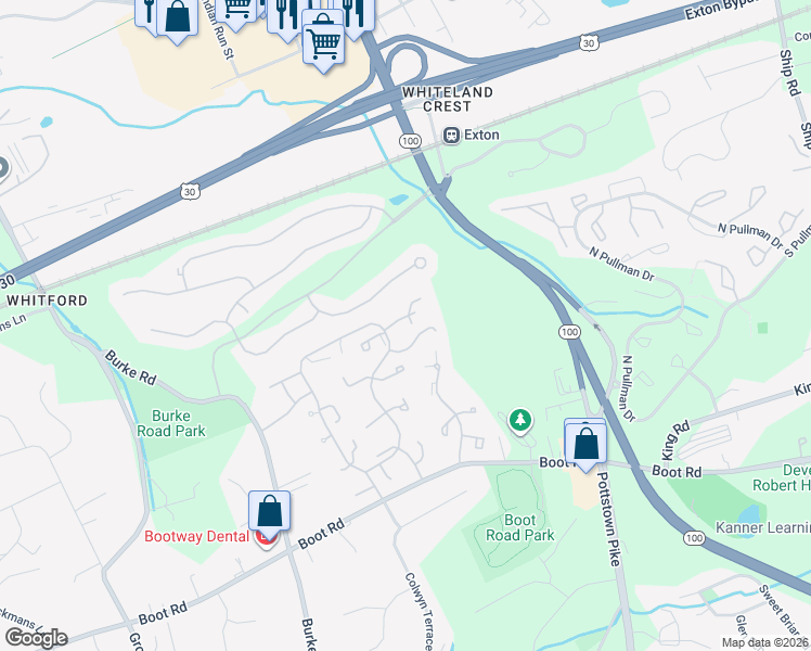map of restaurants, bars, coffee shops, grocery stores, and more near 352 Bala Terrace West in West Chester