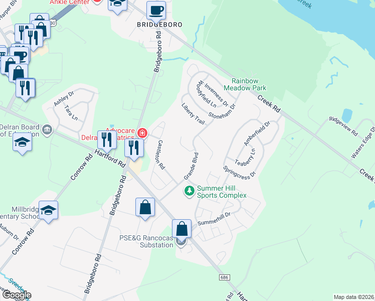 map of restaurants, bars, coffee shops, grocery stores, and more near 1 Buckingham Court in Delran