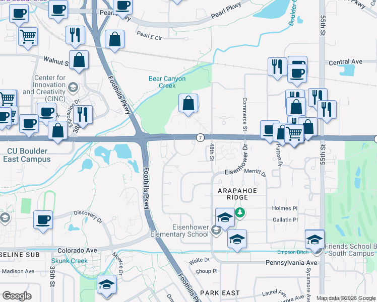 map of restaurants, bars, coffee shops, grocery stores, and more near 1550 Macarthur Drive in Boulder