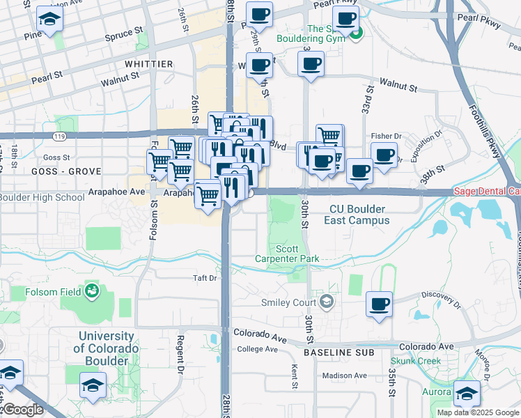 map of restaurants, bars, coffee shops, grocery stores, and more near 2939 Marine Street in Boulder