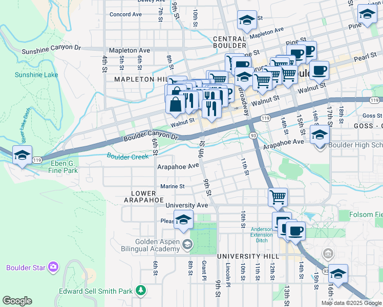 map of restaurants, bars, coffee shops, grocery stores, and more near in Boulder