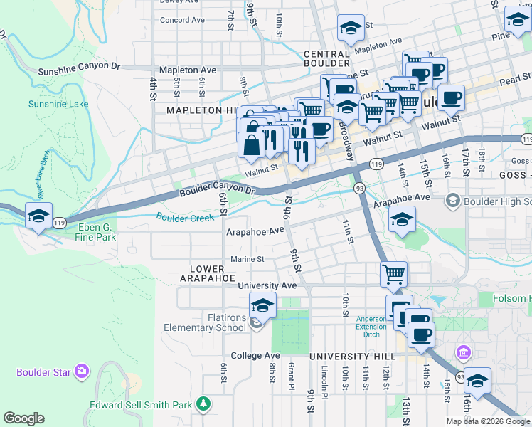 map of restaurants, bars, coffee shops, grocery stores, and more near 715 Arapahoe Avenue in Boulder