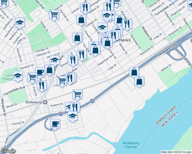 map of restaurants, bars, coffee shops, grocery stores, and more near 5710 Tulip Street in Philadelphia