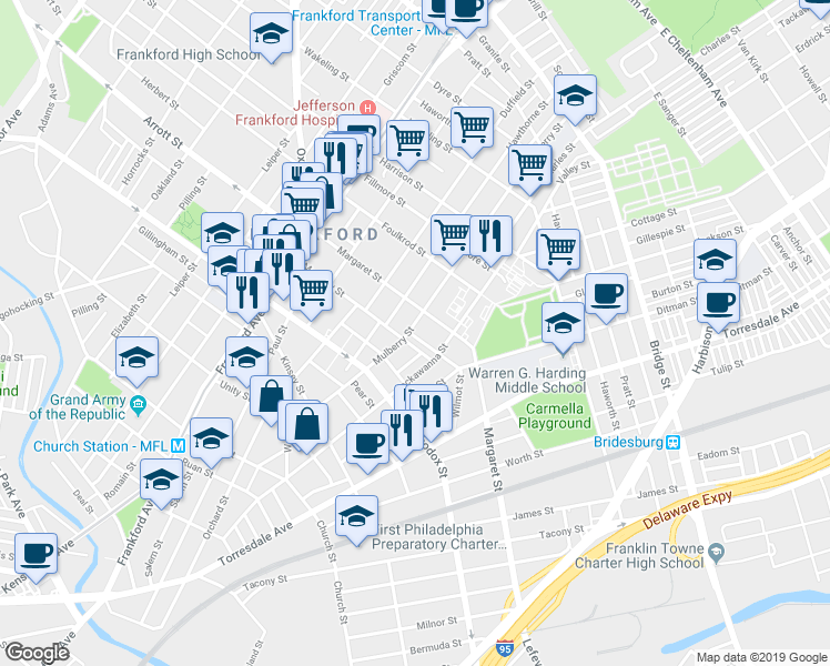 map of restaurants, bars, coffee shops, grocery stores, and more near 4671 Mulberry Street in Philadelphia