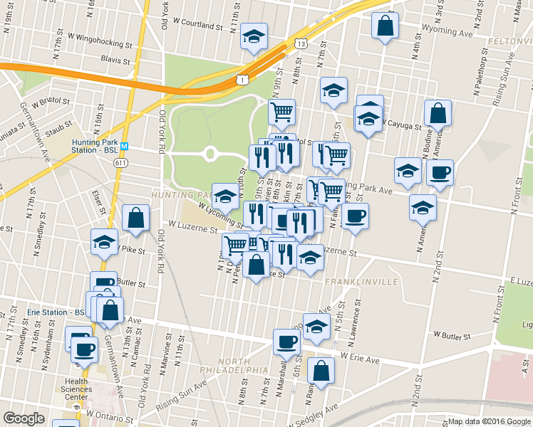 map of restaurants, bars, coffee shops, grocery stores, and more near 4052 North Darien Street in Philadelphia