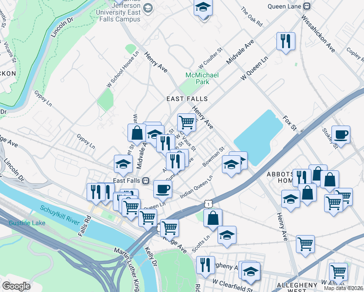 map of restaurants, bars, coffee shops, grocery stores, and more near 3417 Tilden Street in Philadelphia