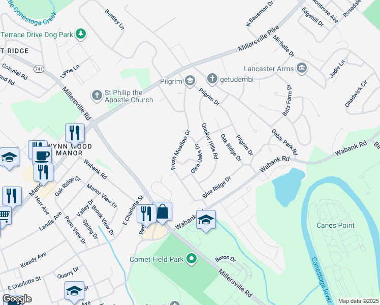 map of restaurants, bars, coffee shops, grocery stores, and more near 46 Glen Oaks Drive in Lancaster
