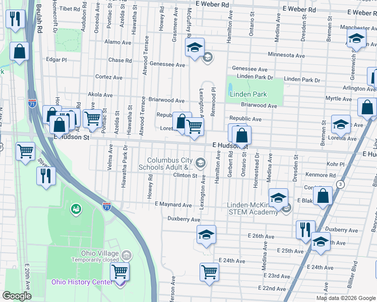 map of restaurants, bars, coffee shops, grocery stores, and more near in Columbus