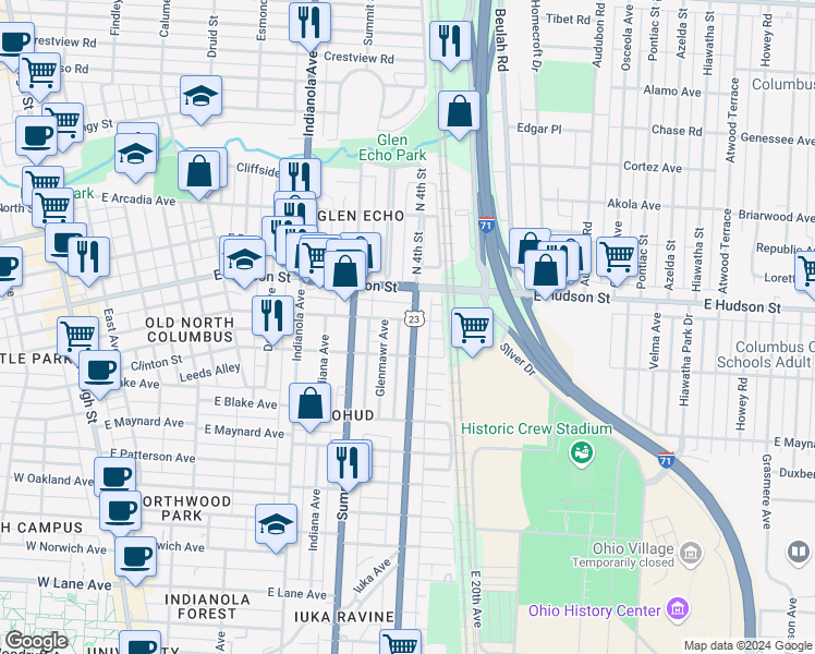 map of restaurants, bars, coffee shops, grocery stores, and more near 477 East Tompkins Street in Columbus