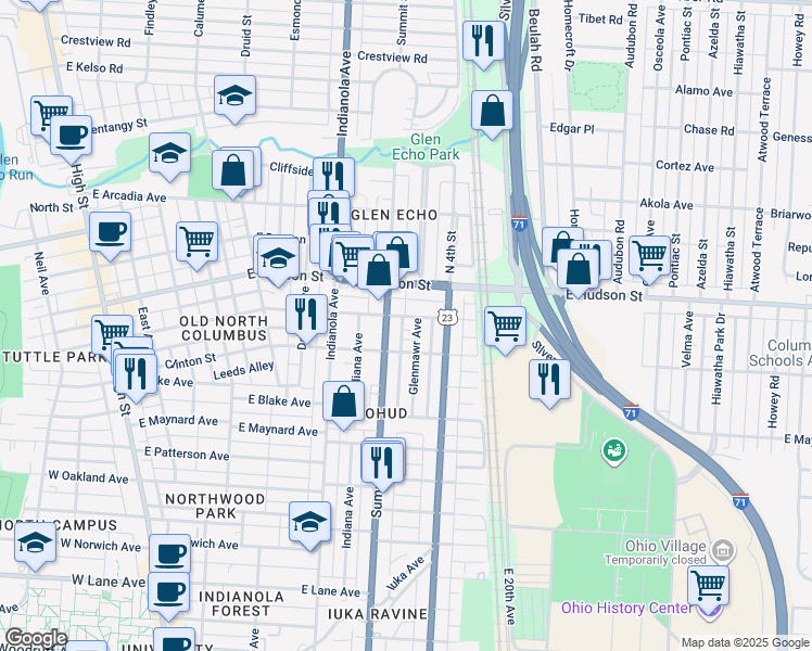 map of restaurants, bars, coffee shops, grocery stores, and more near 429 East Tompkins Street in Columbus