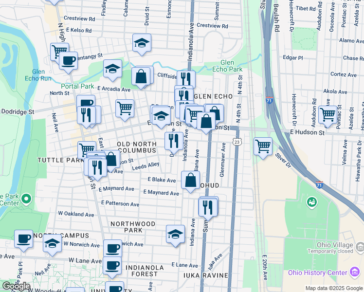map of restaurants, bars, coffee shops, grocery stores, and more near 2481 Indianola Avenue in Columbus
