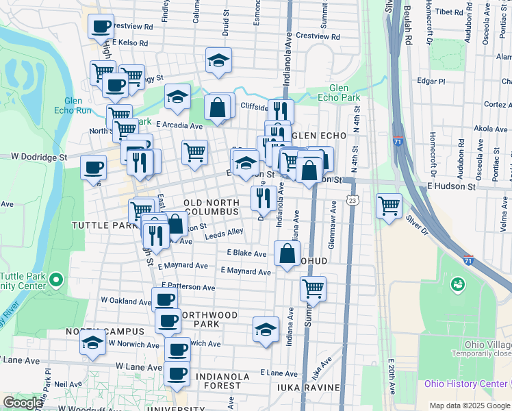 map of restaurants, bars, coffee shops, grocery stores, and more near 2498 Medary Avenue in Columbus