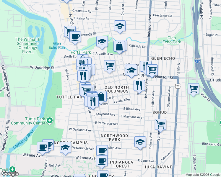 map of restaurants, bars, coffee shops, grocery stores, and more near in Columbus