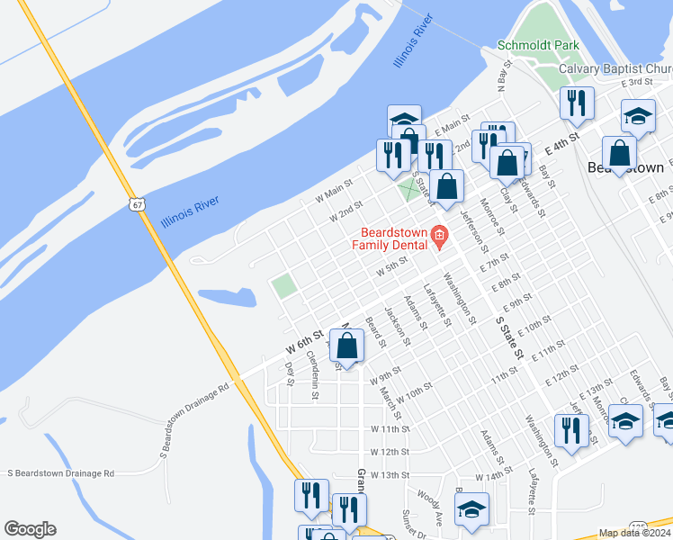 map of restaurants, bars, coffee shops, grocery stores, and more near 518 West 4th Street in Beardstown