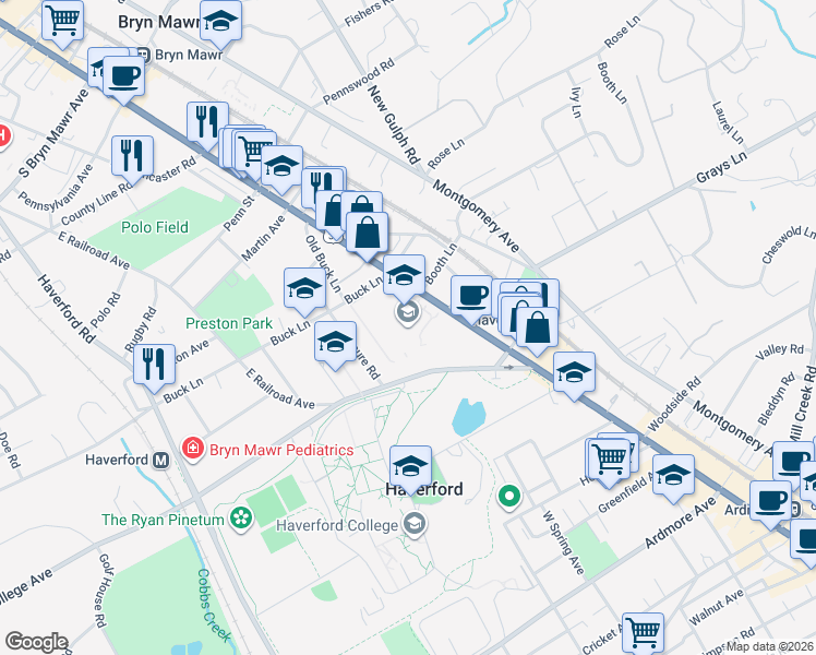 map of restaurants, bars, coffee shops, grocery stores, and more near 450 Lancaster Avenue in Haverford