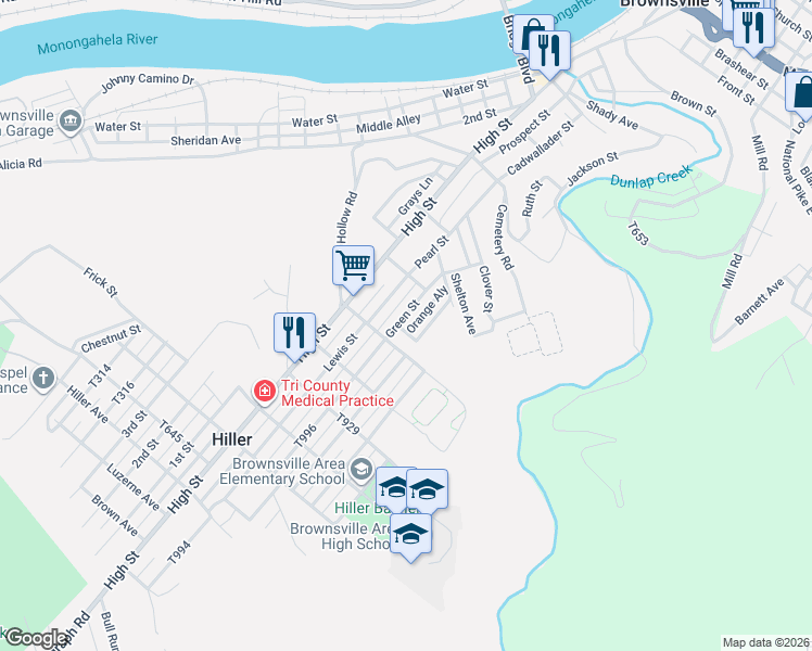 map of restaurants, bars, coffee shops, grocery stores, and more near 532 Green Street in Brownsville