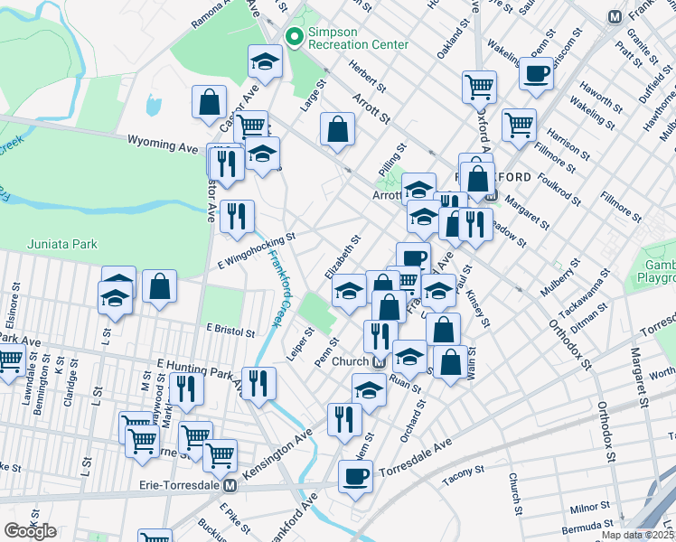 map of restaurants, bars, coffee shops, grocery stores, and more near 4349 Elizabeth Street in Philadelphia
