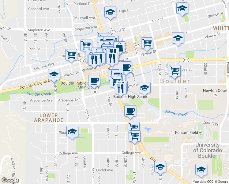 map of restaurants, bars, coffee shops, grocery stores, and more near 1655 Broadway in Boulder