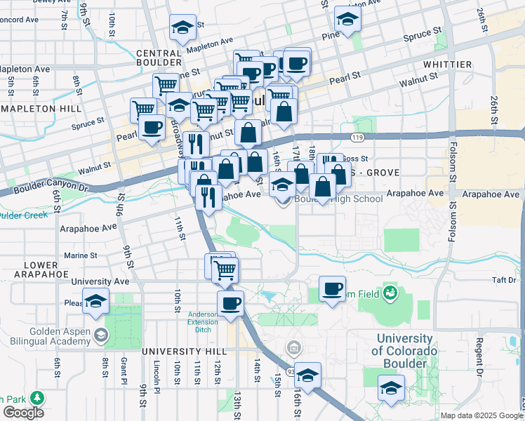map of restaurants, bars, coffee shops, grocery stores, and more near 1604 Arapahoe Avenue in Boulder