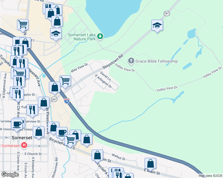 map of restaurants, bars, coffee shops, grocery stores, and more near 171 David Lane in Somerset