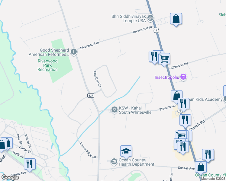 map of restaurants, bars, coffee shops, grocery stores, and more near 1878 Charlton Circle in Toms River