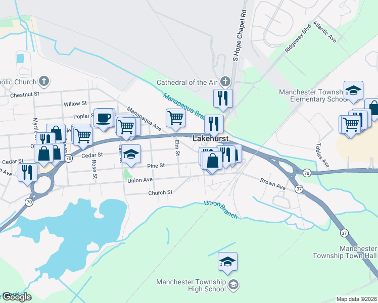 map of restaurants, bars, coffee shops, grocery stores, and more near 103 Hibernia Avenue in Lakehurst