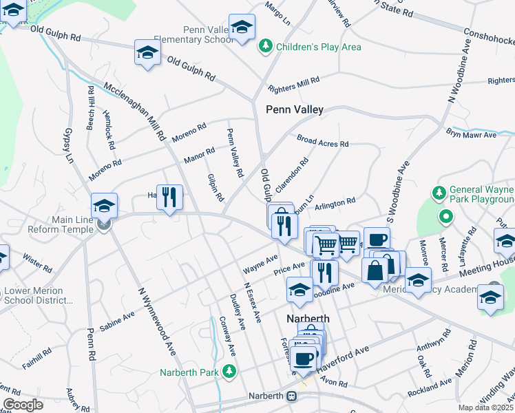 map of restaurants, bars, coffee shops, grocery stores, and more near 518 Penn Valley Road in Penn Valley