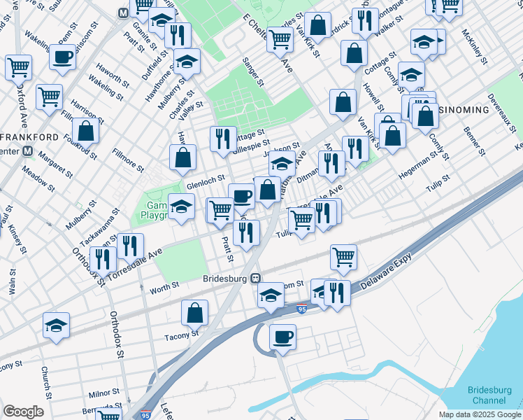 map of restaurants, bars, coffee shops, grocery stores, and more near 2082 Brill Street in Philadelphia
