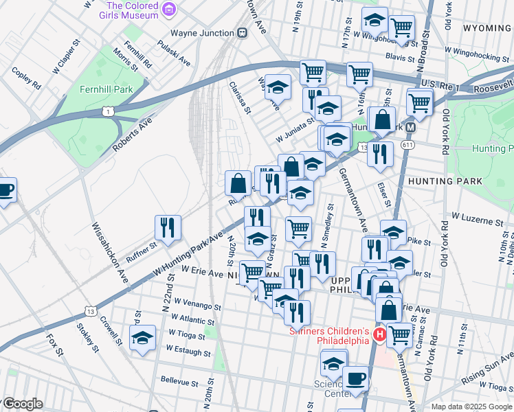 map of restaurants, bars, coffee shops, grocery stores, and more near 1929 West Hunting Park Avenue in Philadelphia